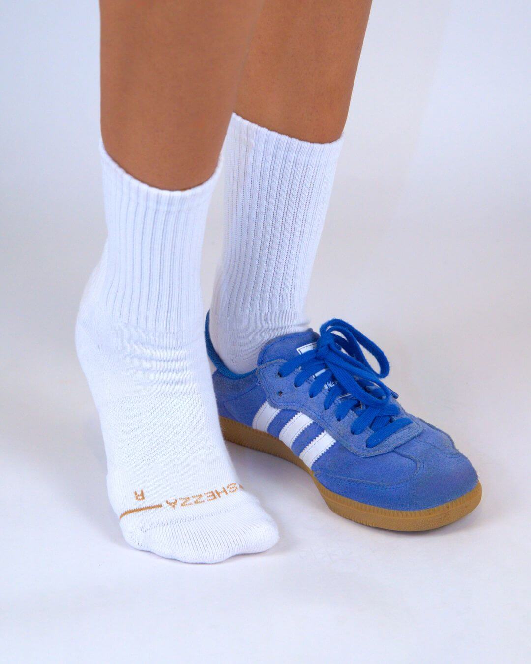 White Shezza unpadded crew socks worn with blue trainers