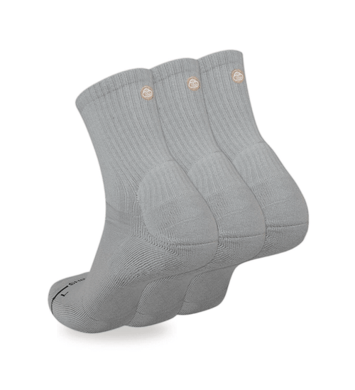 Pair of grey Shezza padded crew socks shown on a plain background