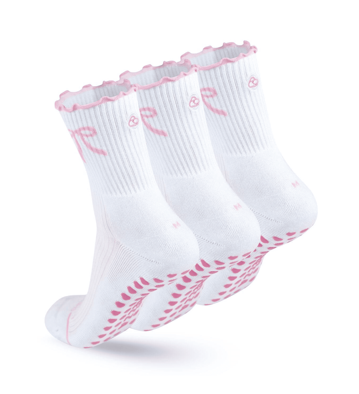 Three white Shezza Pilates grip socks with pink trim