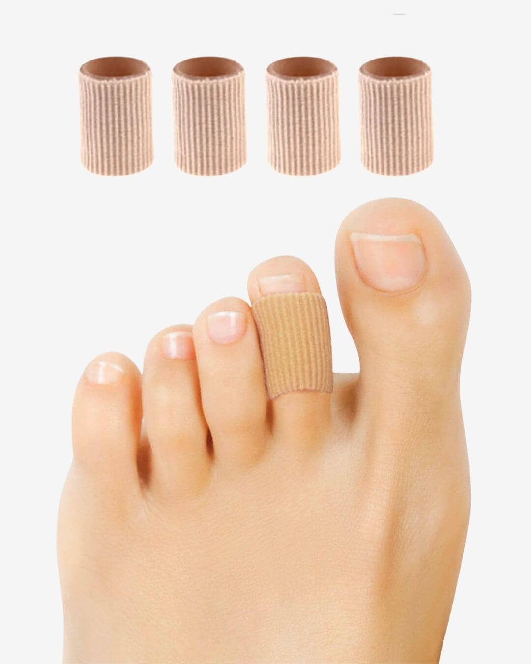 Beige toe separator bandages, one shown worn on a toe