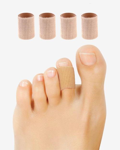 Beige toe separator bandages, one shown worn on a toe